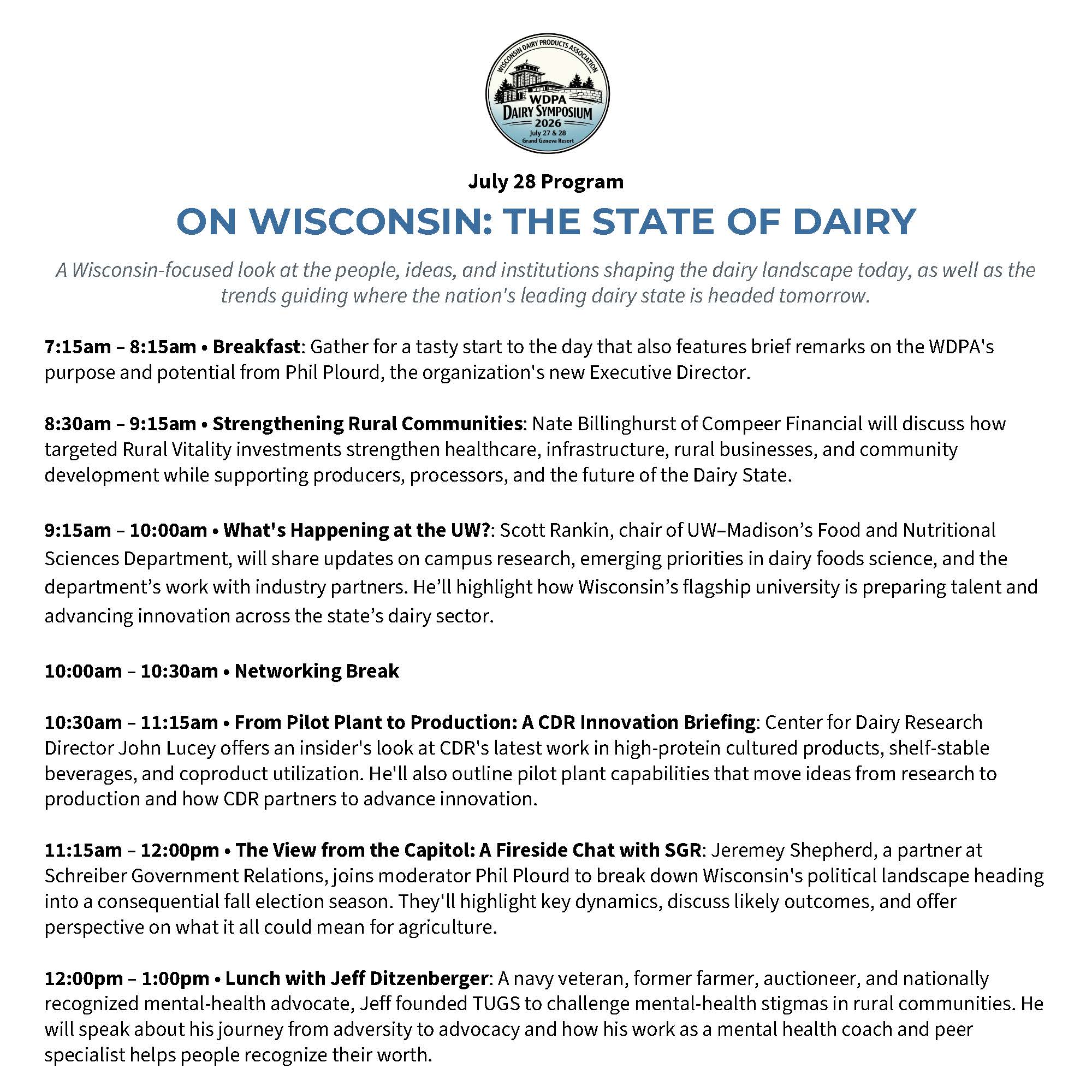 Symposium_Web_Page - Wisconsin Dairy Products Associa Wisconsin Dairy Symposium 2026 logo with the words 'July 28 Program' and a day’s event schedule outlining sessions and times.